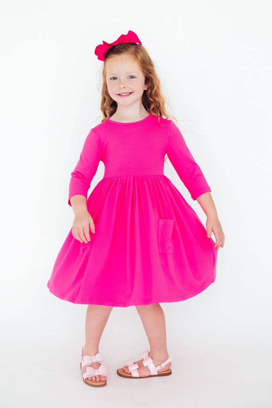 Hot Pink 3/4 Sleeve Pocket Twirl Dress-Twirl Pocket Dress 3/4-Lemons and Limes Boutique
