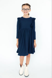 Navy L/S Ruffle Twirl Dress-Twirl Ruffle Dress L/S-Lemons and Limes Boutique