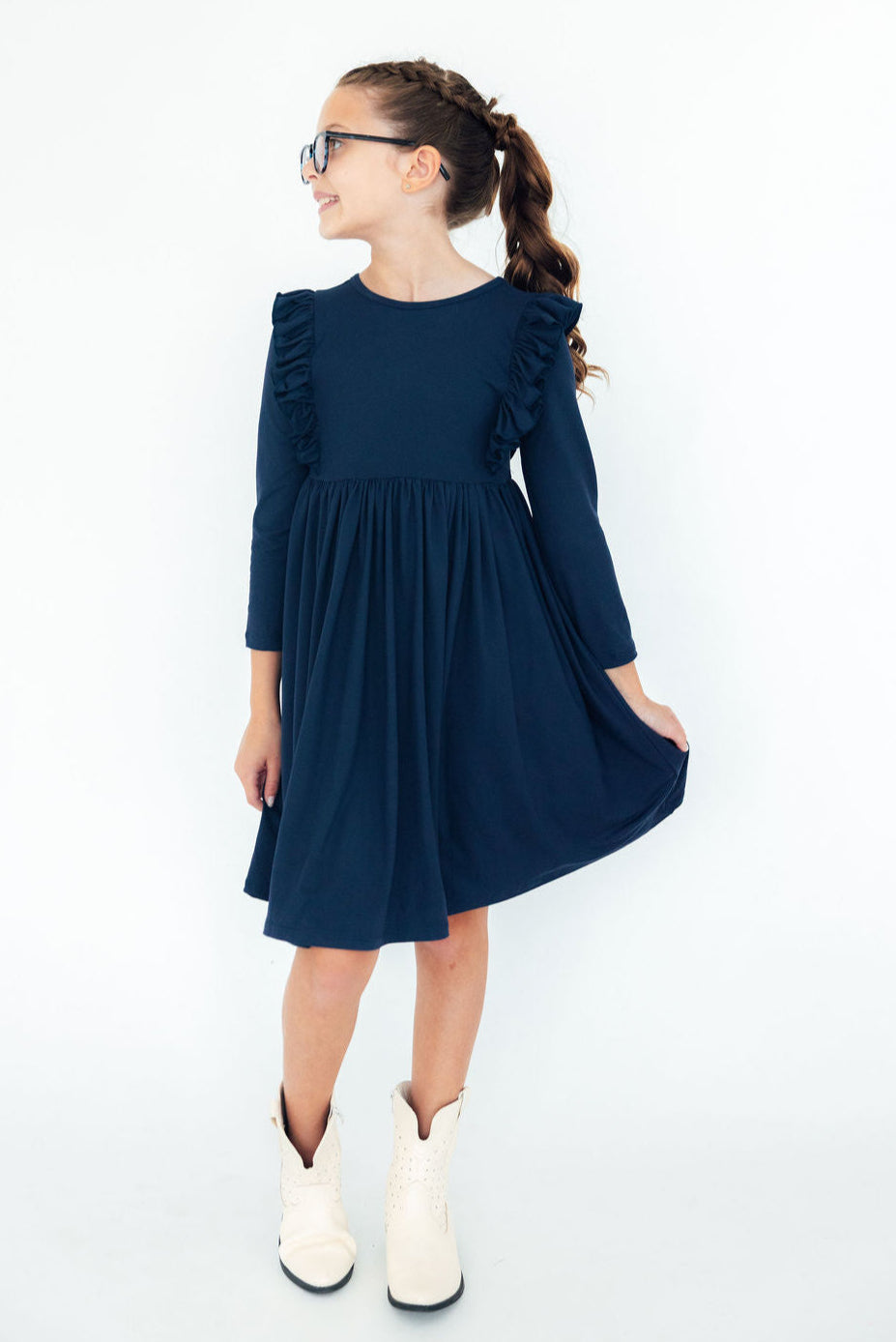 Navy L/S Ruffle Twirl Dress-Twirl Ruffle Dress L/S-Lemons and Limes Boutique