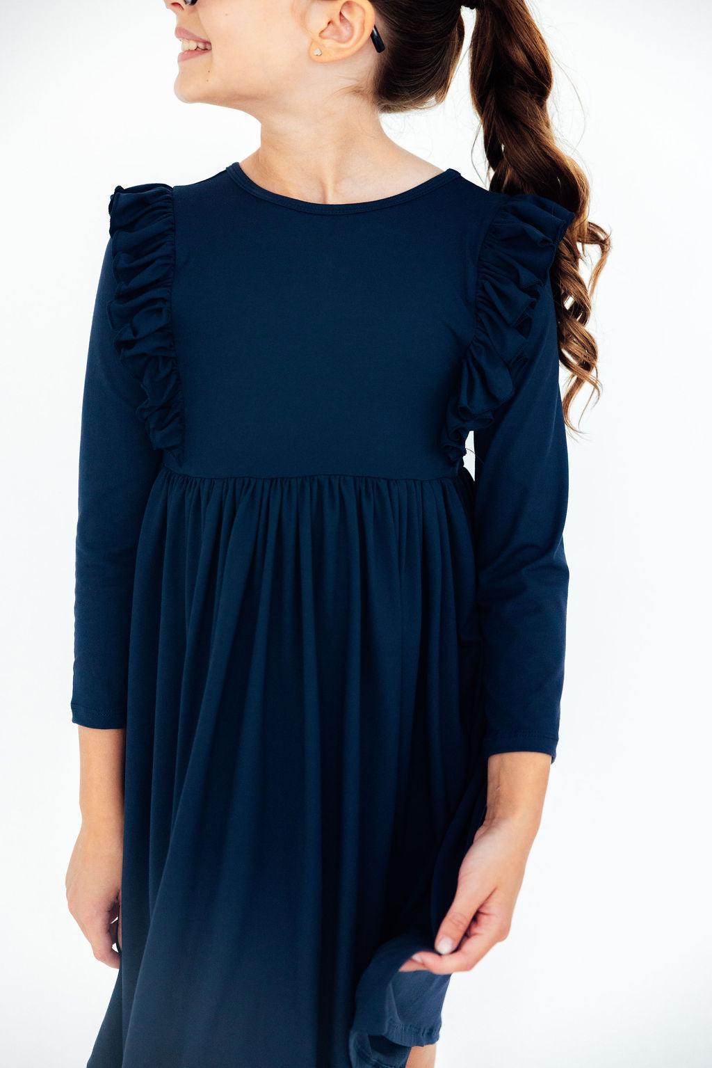 Navy L/S Ruffle Twirl Dress-Twirl Ruffle Dress L/S-Lemons and Limes Boutique