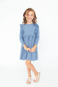 Dusty Blue L/S Ruffle Twirl Dress-Twirl Ruffle Dress L/S-Lemons and Limes Boutique