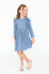 Dusty Blue L/S Ruffle Twirl Dress-Twirl Ruffle Dress L/S-Lemons and Limes Boutique