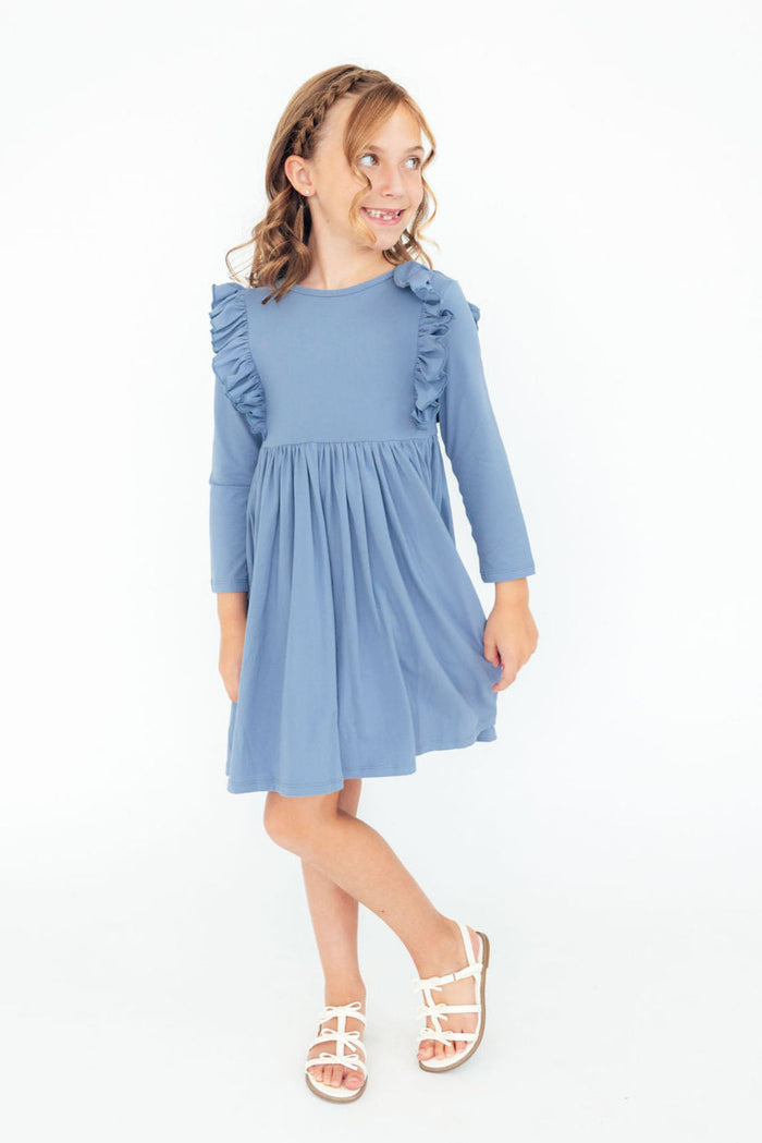 Dusty Blue L/S Ruffle Twirl Dress-Twirl Ruffle Dress L/S-Lemons and Limes Boutique