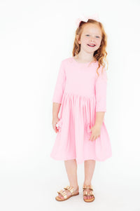 Bubblegum Pink 3/4 Sleeve Pocket Twirl Dress-Twirl Pocket Dress 3/4-Lemons and Limes Boutique