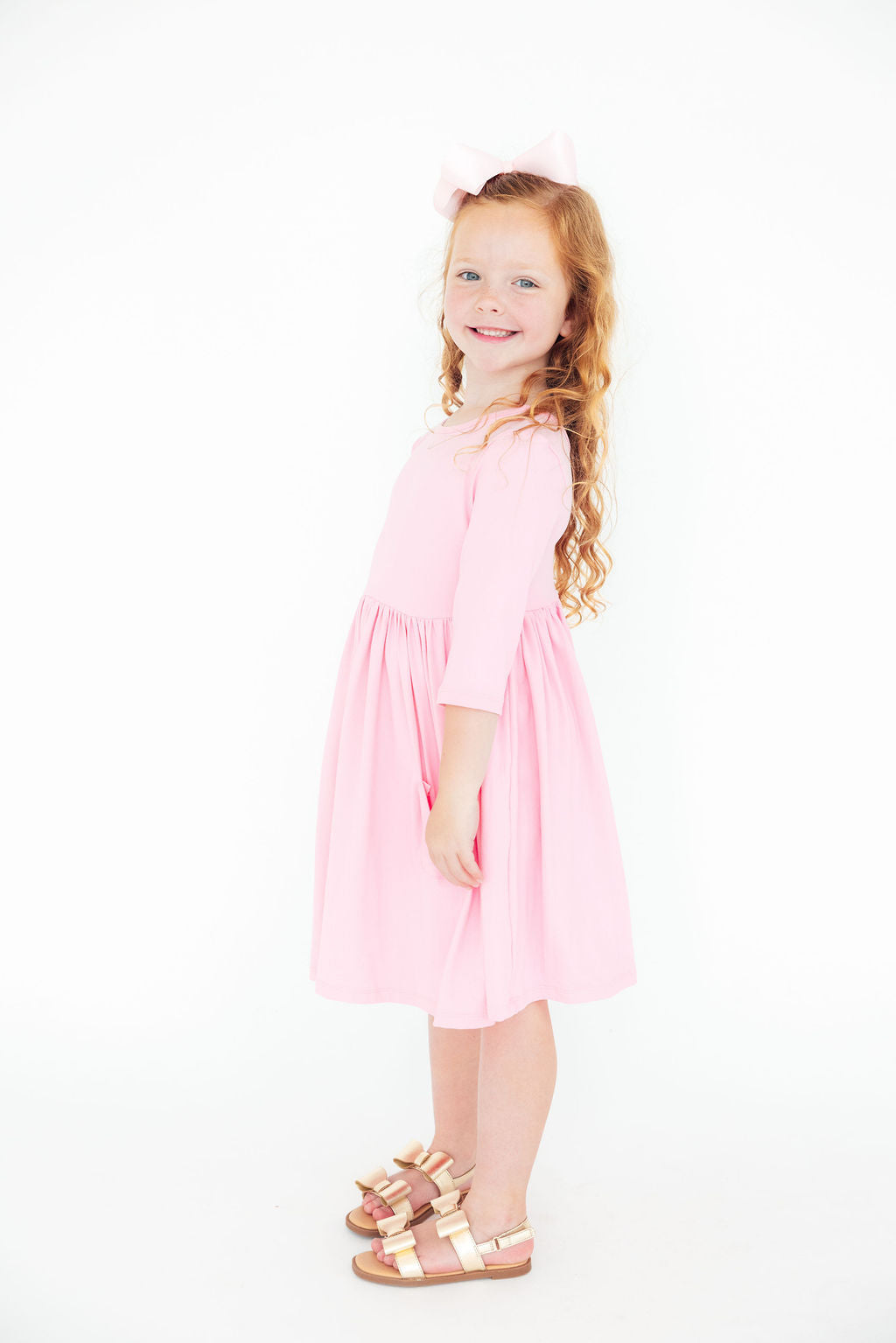 Bubblegum Pink 3/4 Sleeve Pocket Twirl Dress-Twirl Pocket Dress 3/4-Lemons and Limes Boutique