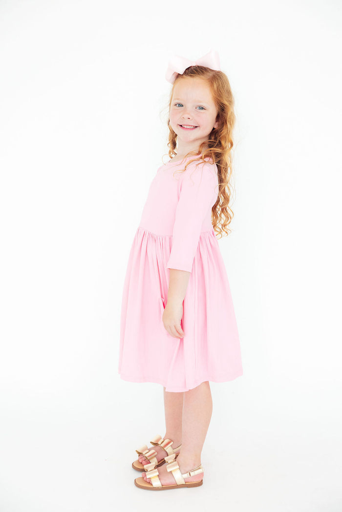 Bubblegum Pink 3/4 Sleeve Pocket Twirl Dress-Twirl Pocket Dress 3/4-Lemons and Limes Boutique