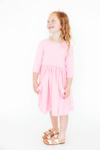 Bubblegum Pink 3/4 Sleeve Pocket Twirl Dress-Twirl Pocket Dress 3/4-Lemons and Limes Boutique