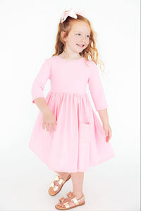 Bubblegum Pink 3/4 Sleeve Pocket Twirl Dress-Twirl Pocket Dress 3/4-Lemons and Limes Boutique