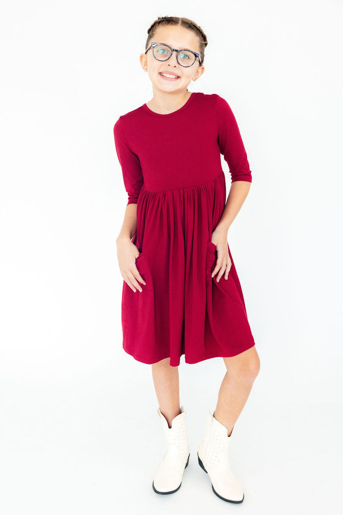 Burgundy 3/4 Sleeve Pocket Twirl Dress-Twirl Pocket Dress 3/4-Lemons and Limes Boutique