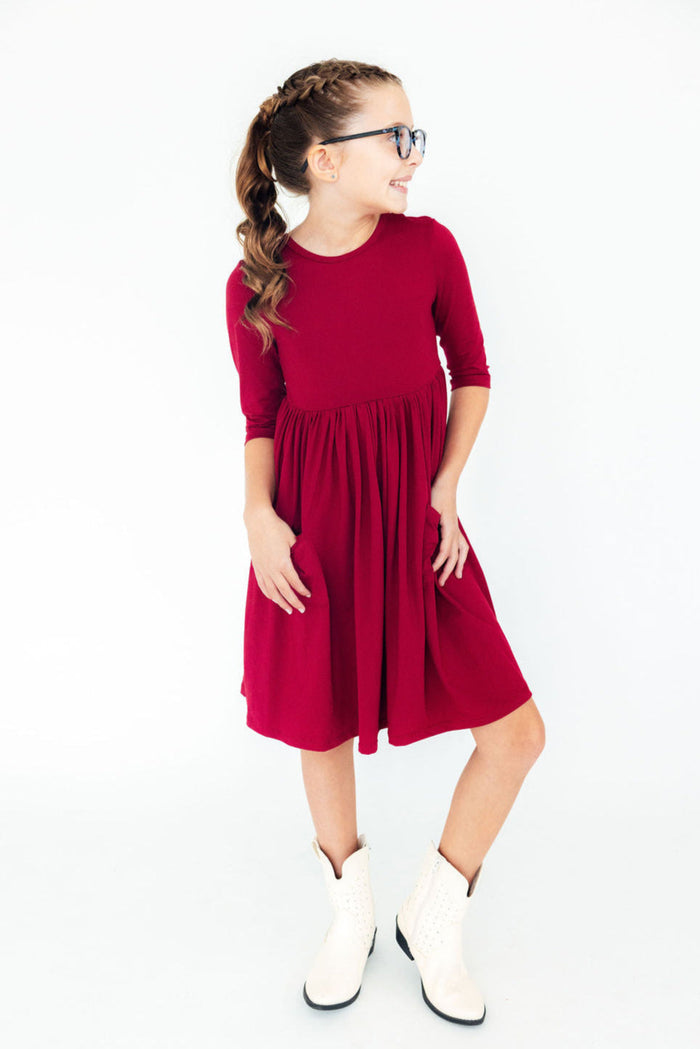 Burgundy 3/4 Sleeve Pocket Twirl Dress-Twirl Pocket Dress 3/4-Lemons and Limes Boutique