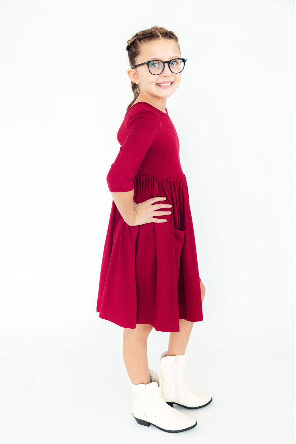 Burgundy 3/4 Sleeve Pocket Twirl Dress-Twirl Pocket Dress 3/4-Lemons and Limes Boutique