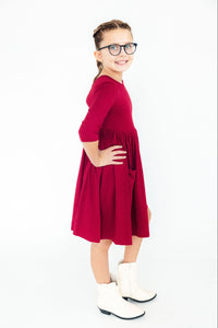 Burgundy 3/4 Sleeve Pocket Twirl Dress-Twirl Pocket Dress 3/4-Lemons and Limes Boutique