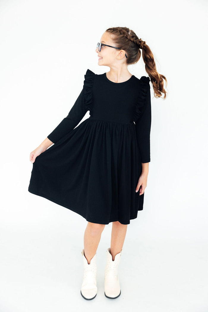 Black L/S Ruffle Twirl Dress-Twirl Ruffle Dress L/S-Lemons and Limes Boutique