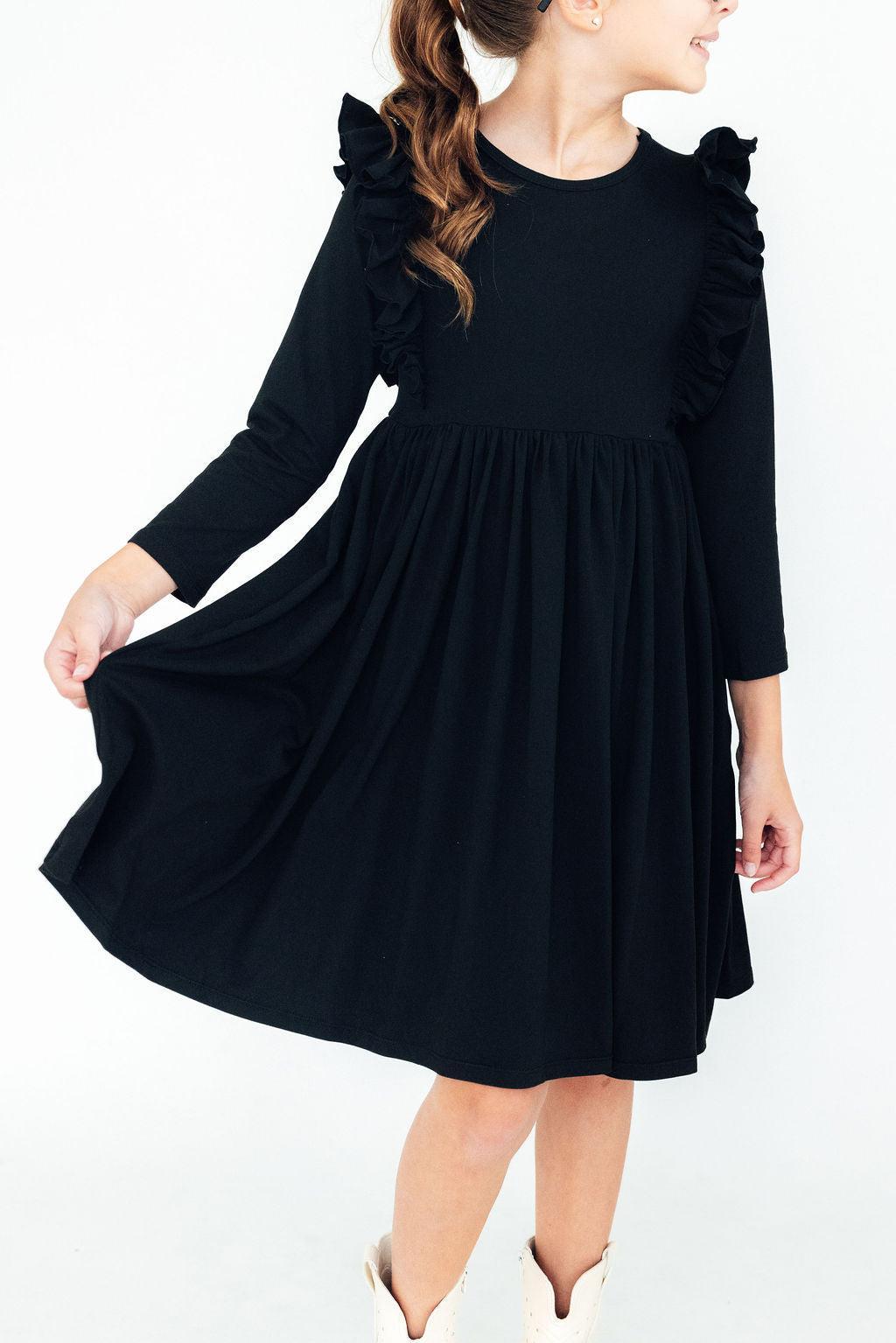 Black L/S Ruffle Twirl Dress-Twirl Ruffle Dress L/S-Lemons and Limes Boutique