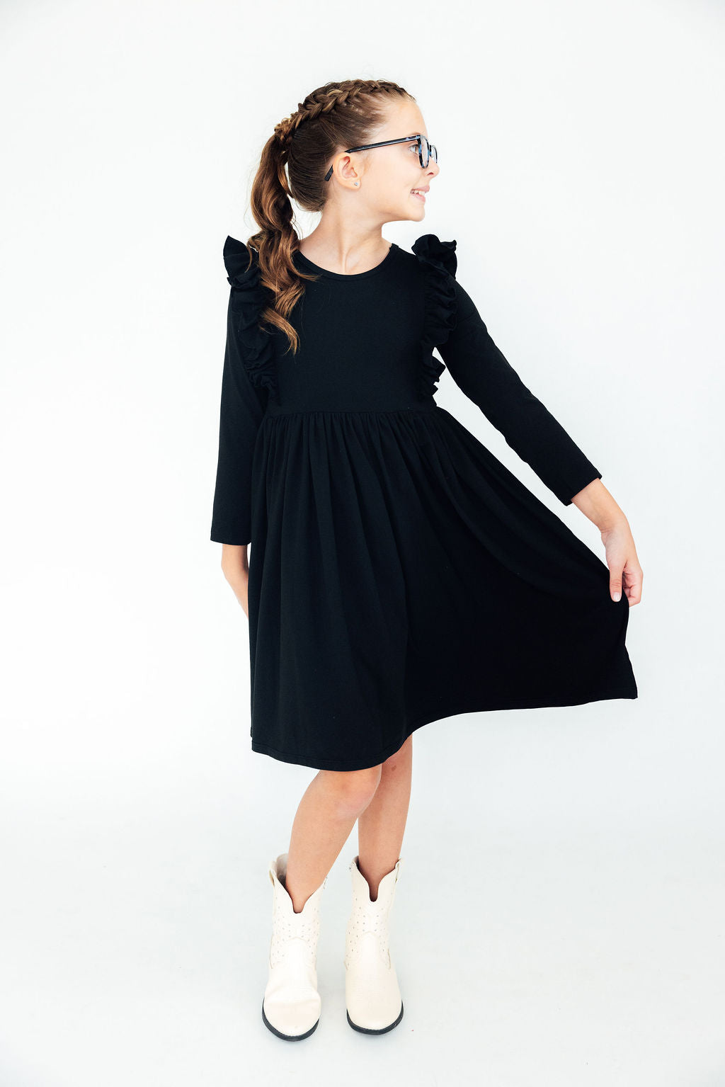 Black L/S Ruffle Twirl Dress-Twirl Ruffle Dress L/S-Lemons and Limes Boutique