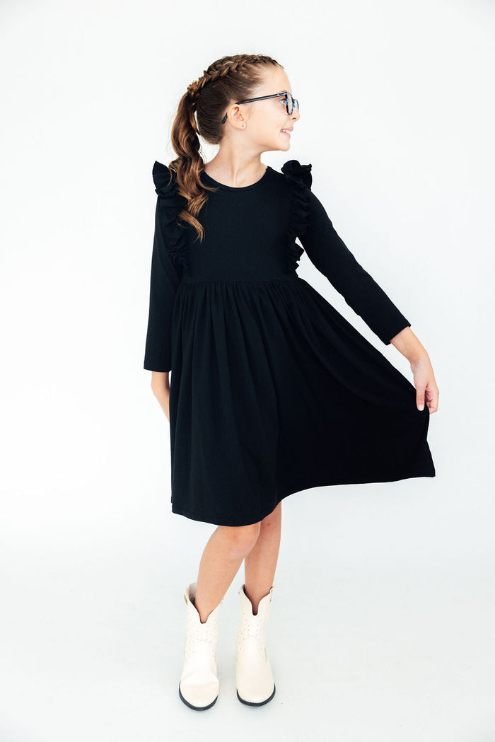 Black L/S Ruffle Twirl Dress-Twirl Ruffle Dress L/S-Lemons and Limes Boutique