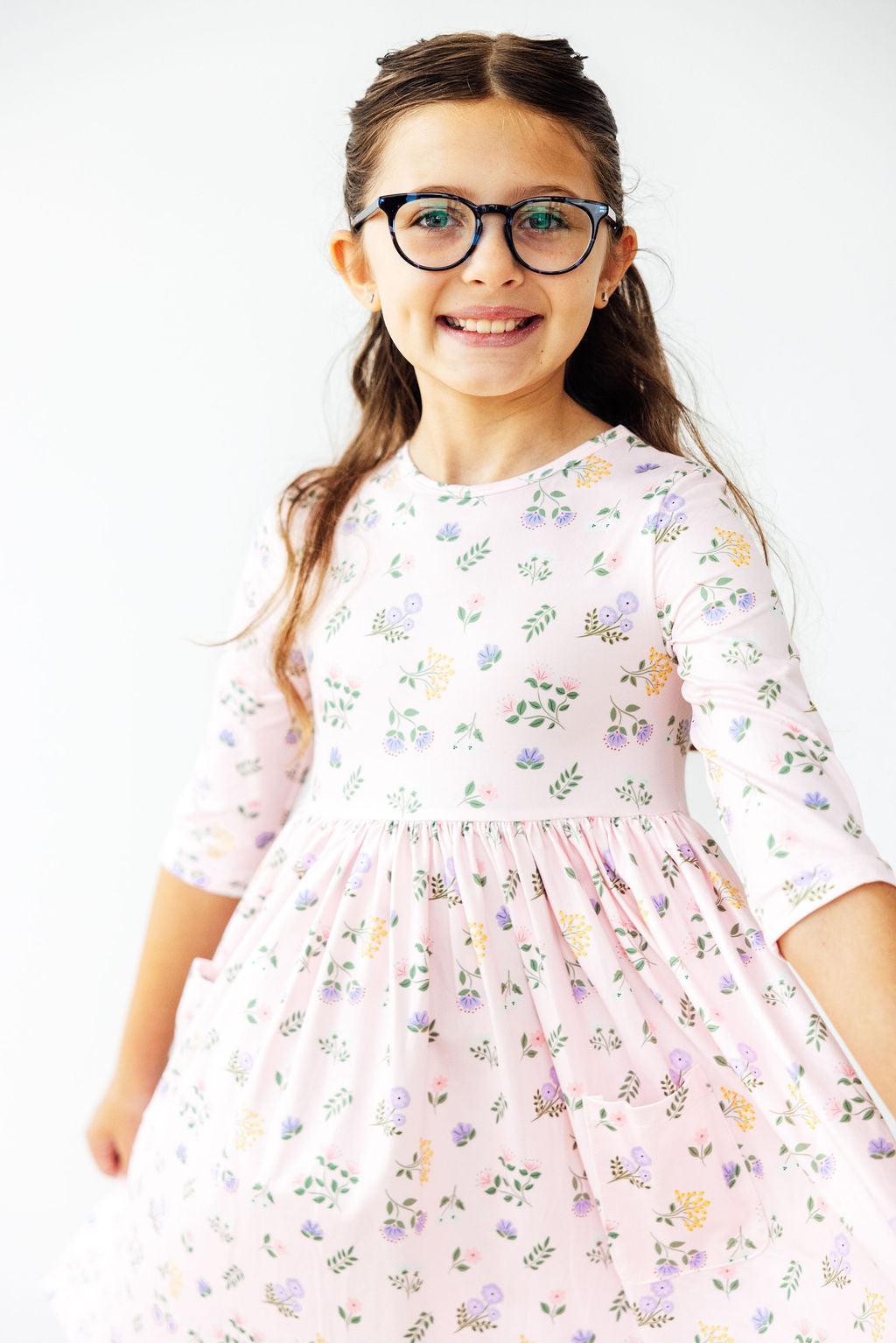 Pastel Petals 3/4 Sleeve Pocket Twirl Dress-Twirl Pocket Dress 3/4-Lemons and Limes Boutique