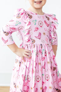 Boot Scootin' 3/4 Sleeve Ruffle Twirl Dress-Twirl Ruffle Dress 3/4-Lemons and Limes Boutique