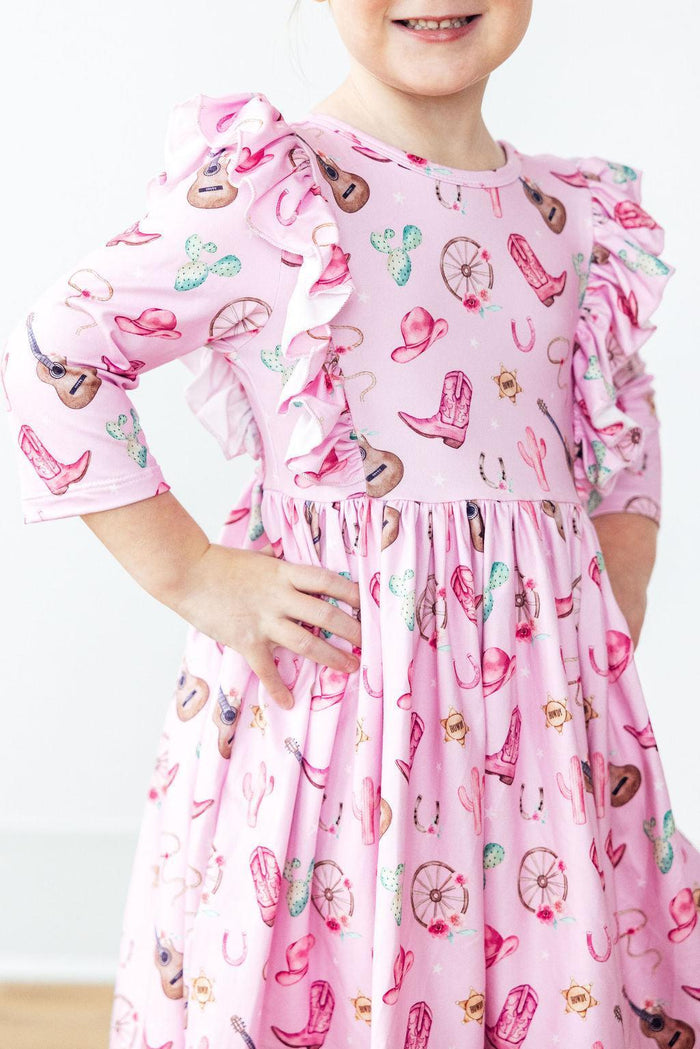 Boot Scootin' 3/4 Sleeve Ruffle Twirl Dress-Twirl Ruffle Dress 3/4-Lemons and Limes Boutique