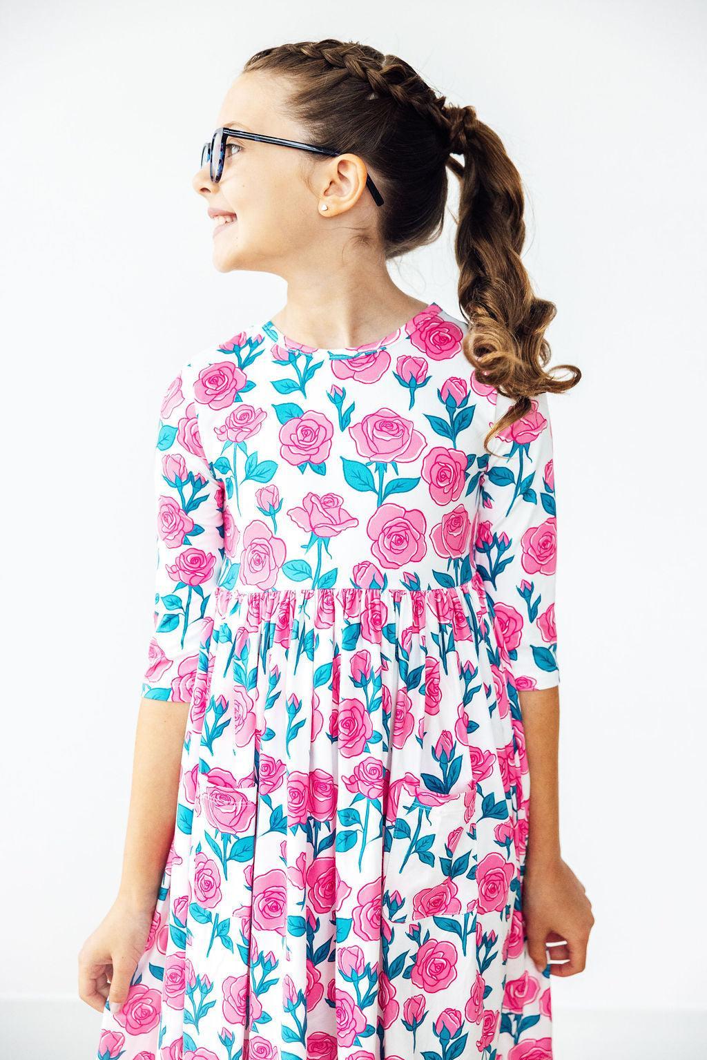 Garden Glow 3/4 Sleeve Pocket Twirl Dress-Twirl Pocket Dress 3/4-Lemons and Limes Boutique