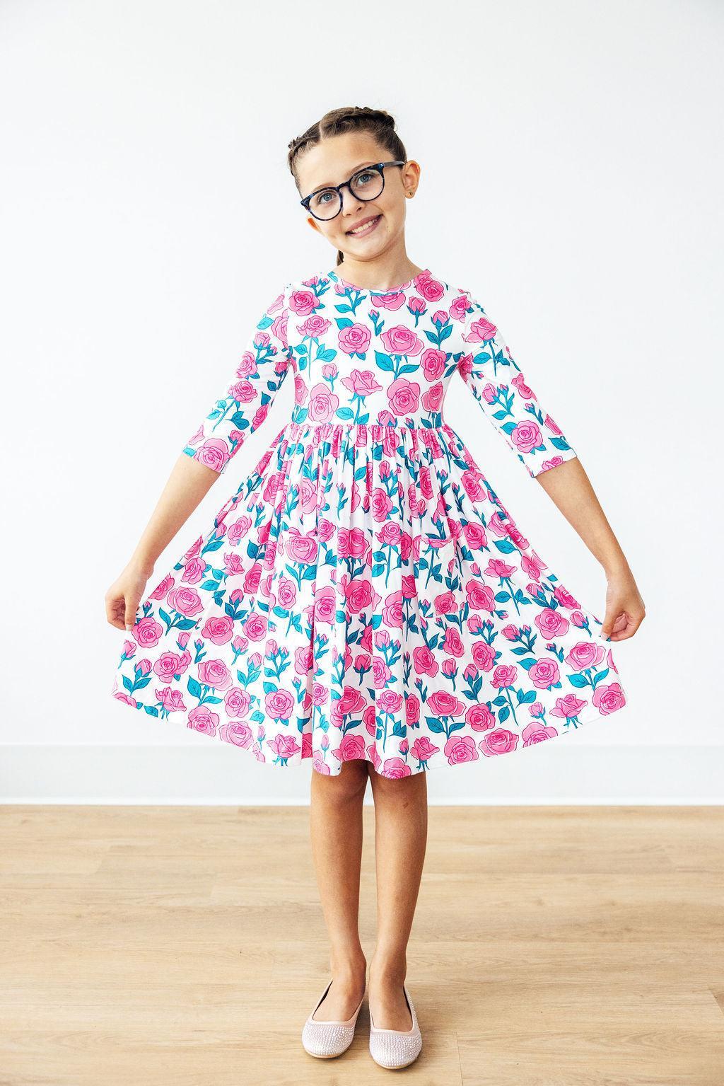 Garden Glow 3/4 Sleeve Pocket Twirl Dress-Twirl Pocket Dress 3/4-Lemons and Limes Boutique