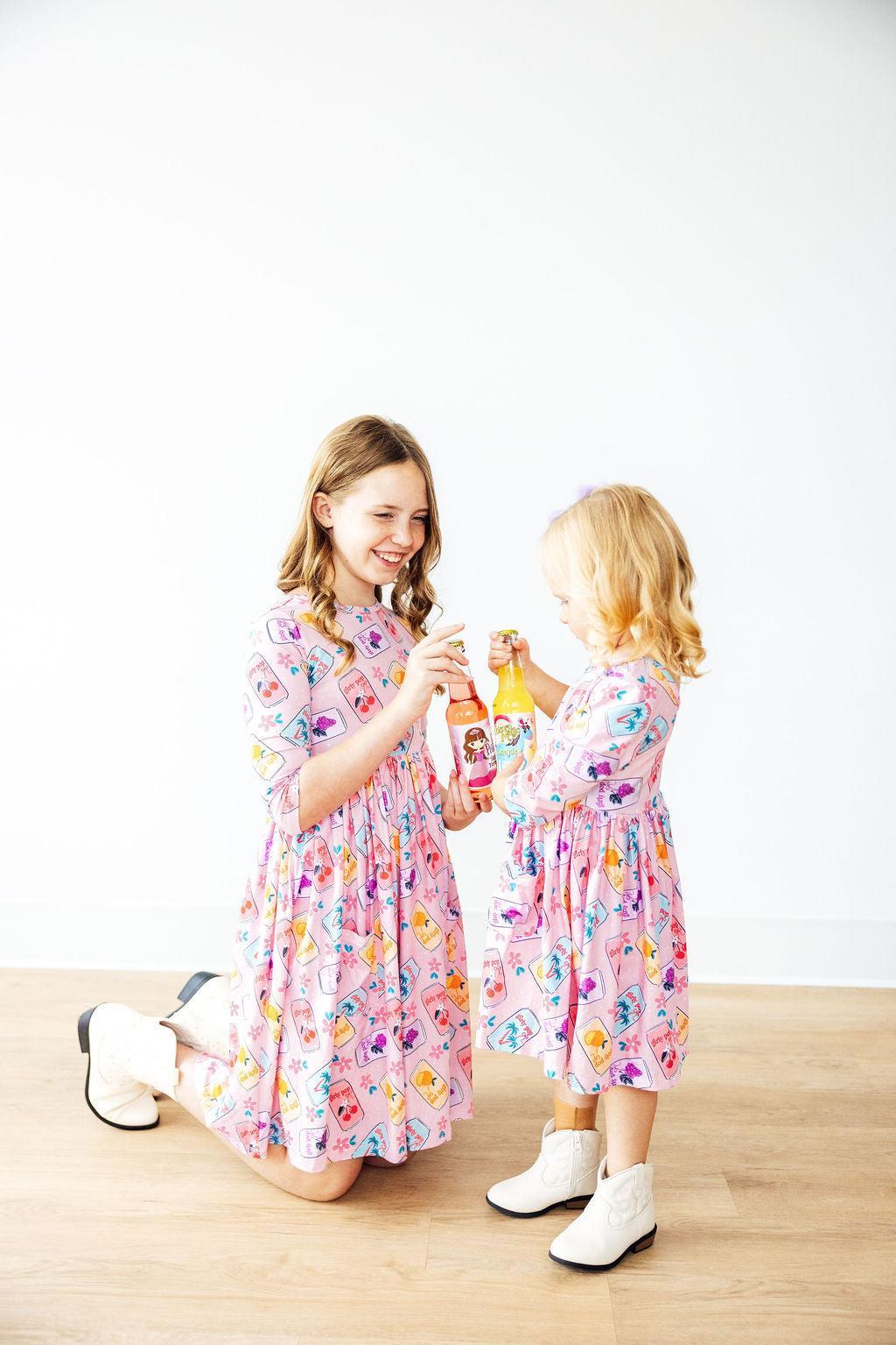 Girly Pop 3/4 Sleeve Pocket Twirl Dress-Twirl Pocket Dress 3/4-Lemons and Limes Boutique