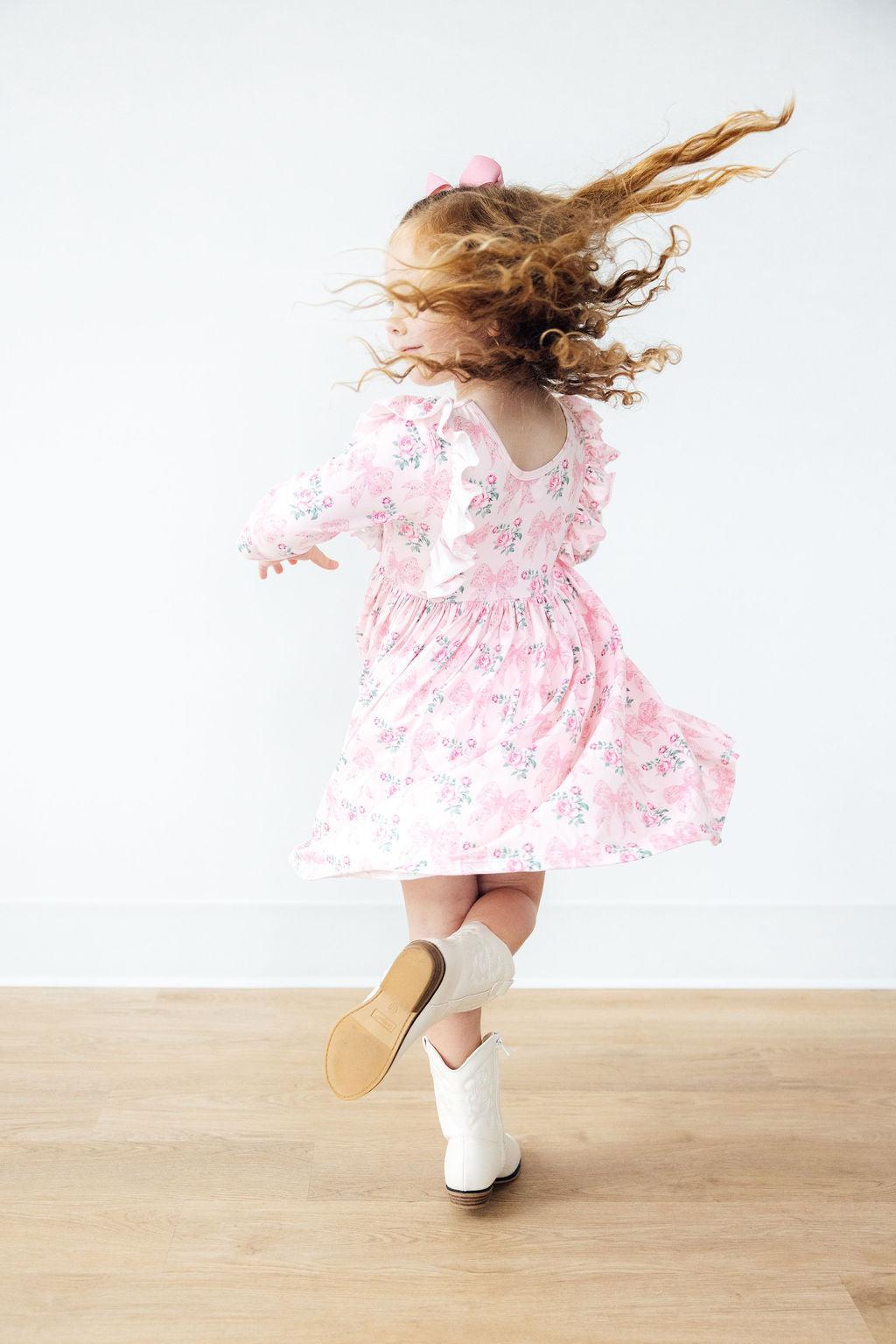 Heirloom Garden 3/4 Sleeve Ruffle Twirl Dress-Twirl Ruffle Dress 3/4-Lemons and Limes Boutique