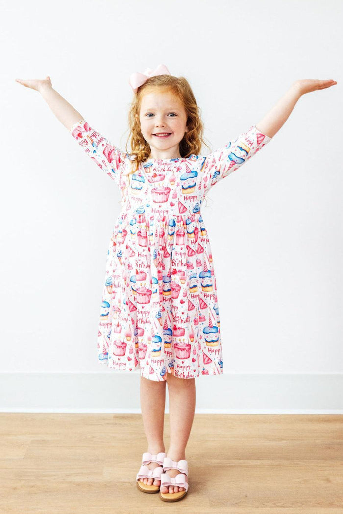 Birthday Girl 3/4 Sleeve Pocket Twirl Dress-Twirl Pocket Dress 3/4-Lemons and Limes Boutique