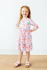 Birthday Girl 3/4 Sleeve Pocket Twirl Dress-Twirl Pocket Dress 3/4-Lemons and Limes Boutique