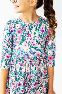 Vivid Garden 3/4 Sleeve Pocket Twirl Dress-Twirl Pocket Dress 3/4-Lemons and Limes Boutique