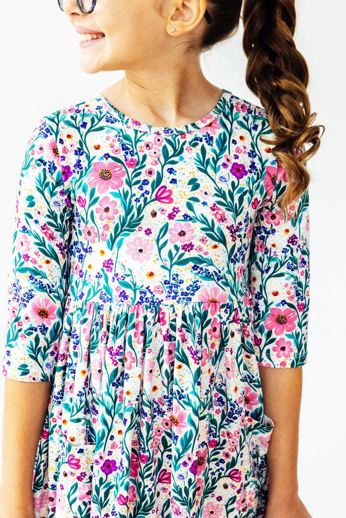 Vivid Garden 3/4 Sleeve Pocket Twirl Dress-Twirl Pocket Dress 3/4-Lemons and Limes Boutique