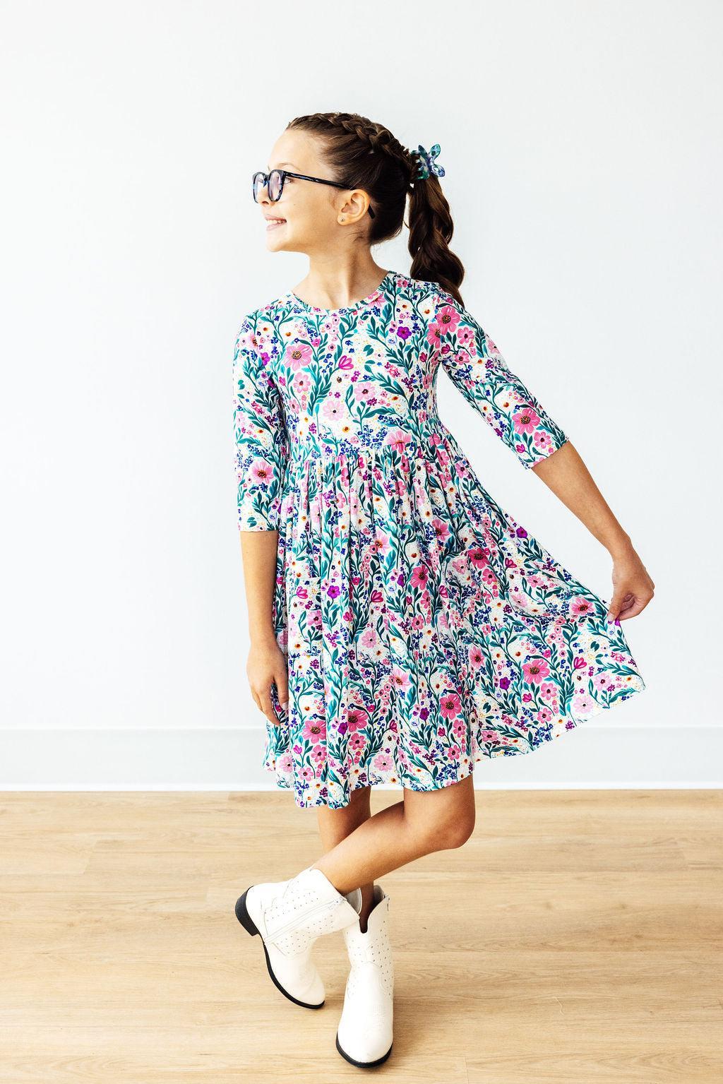 Vivid Garden 3/4 Sleeve Pocket Twirl Dress-Twirl Pocket Dress 3/4-Lemons and Limes Boutique