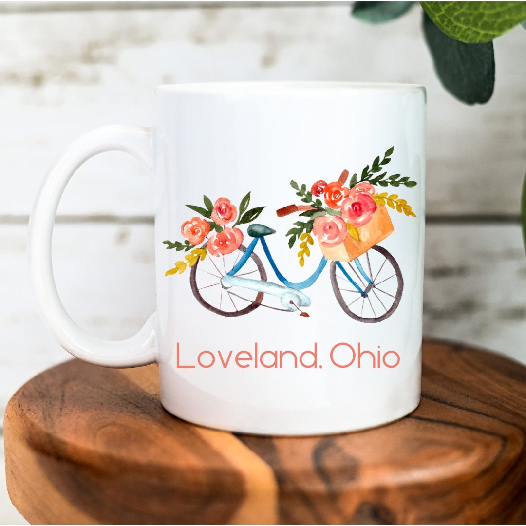 Loveland, Ohio Floral Bike Ceramic Mug-Lemons and Limes Boutique