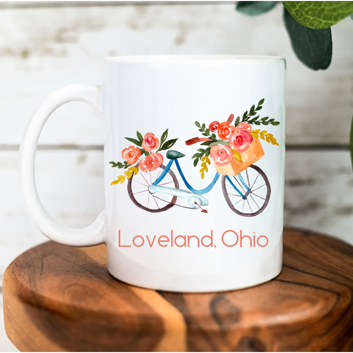 Loveland, Ohio Floral Bike Ceramic Mug-Lemons and Limes Boutique