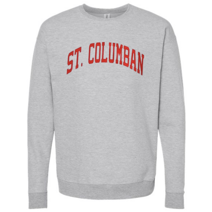 Saint Columban Curved Red Sweatshirt on Athletic Gray--Lemons and Limes Boutique