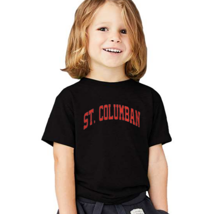 St Columban Curved in Red T-Shirt on Black-TODDLER-Graphic Tees-Lemons and Limes Boutique