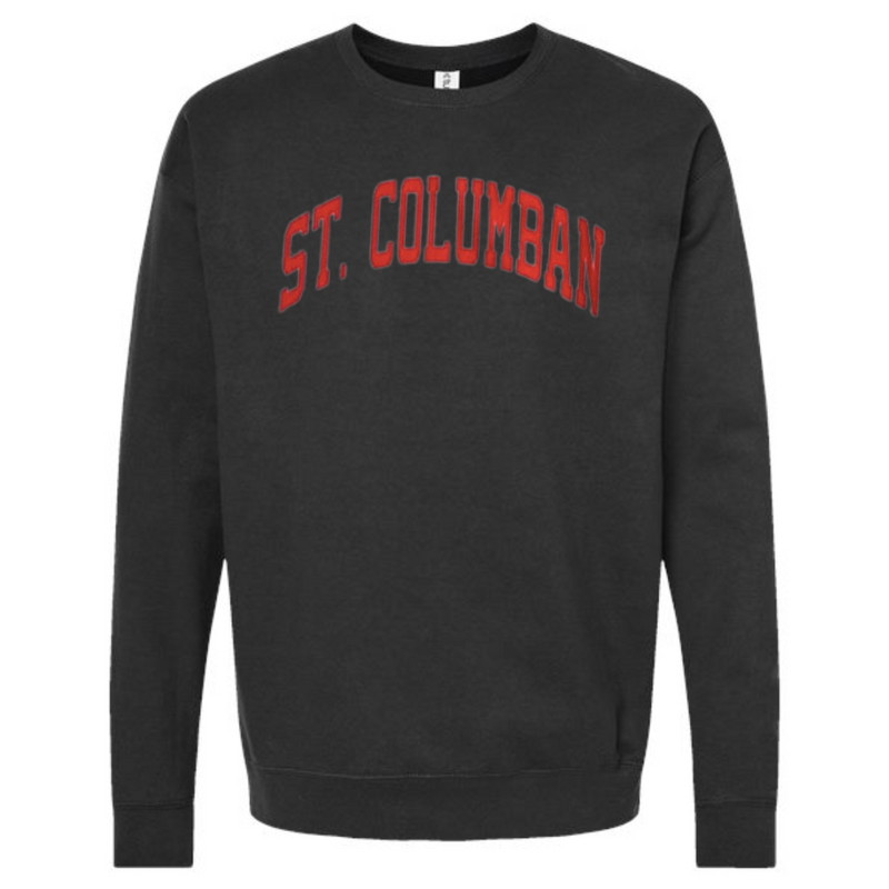 Saint Columban Curved Red Sweatshirt on Black--Lemons and Limes Boutique