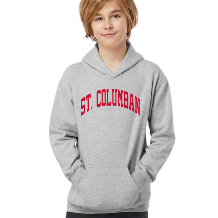 Saint Columban Curved Hoodie (multiple colors)-YOUTH-Athletic Gray with Red-Youth XSmall-Lemons and Limes Boutique