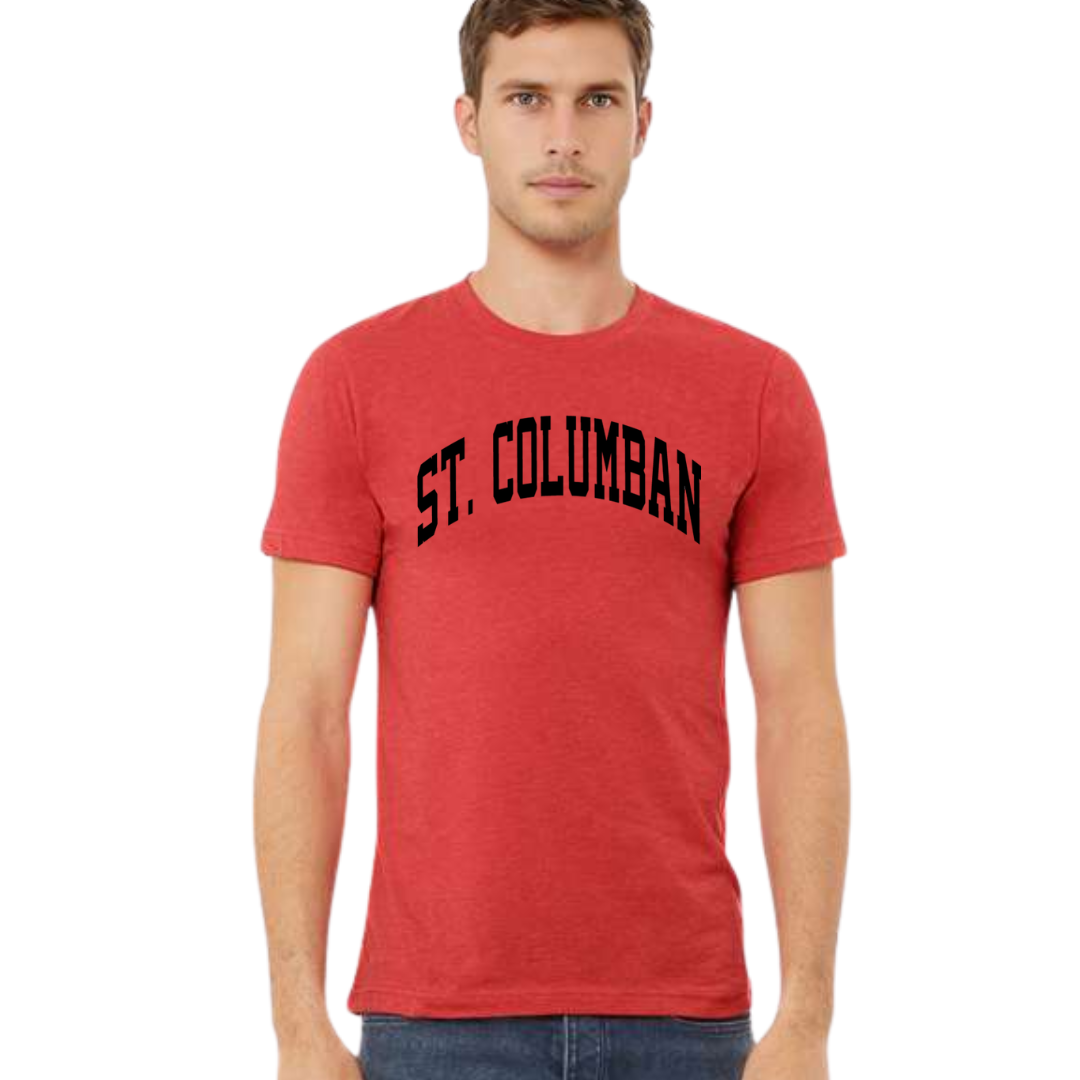 Saint Columban Curved Black T-Shirt on Heather Red-Lemons and Limes Boutique