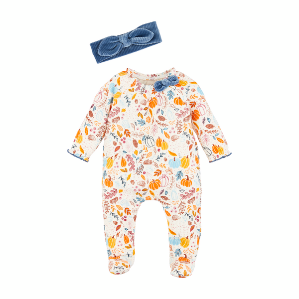 Pumpkin Floral Sleeper and Headband Set 6-9Mth by Mudpies--Lemons and Limes Boutique