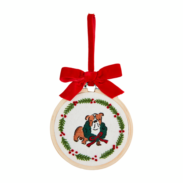 Bulldog Embroidered Hoop Ornament by Mudpie--Lemons and Limes Boutique