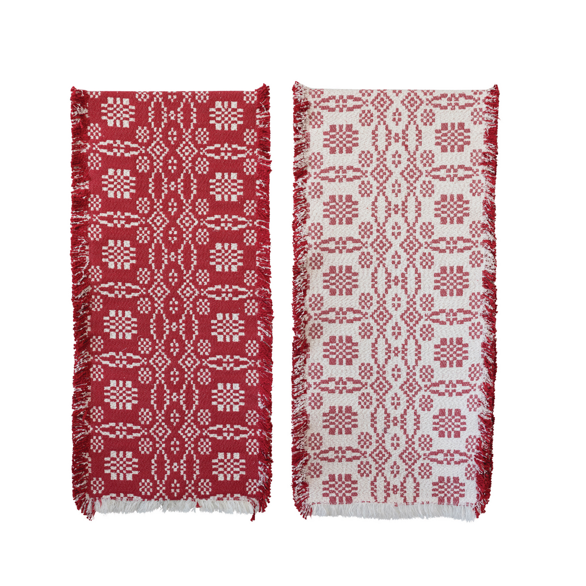 Two-Sided Woven Cotton Table Runner with Pattern and Fringe, Red and White-Lemons and Limes Boutique
