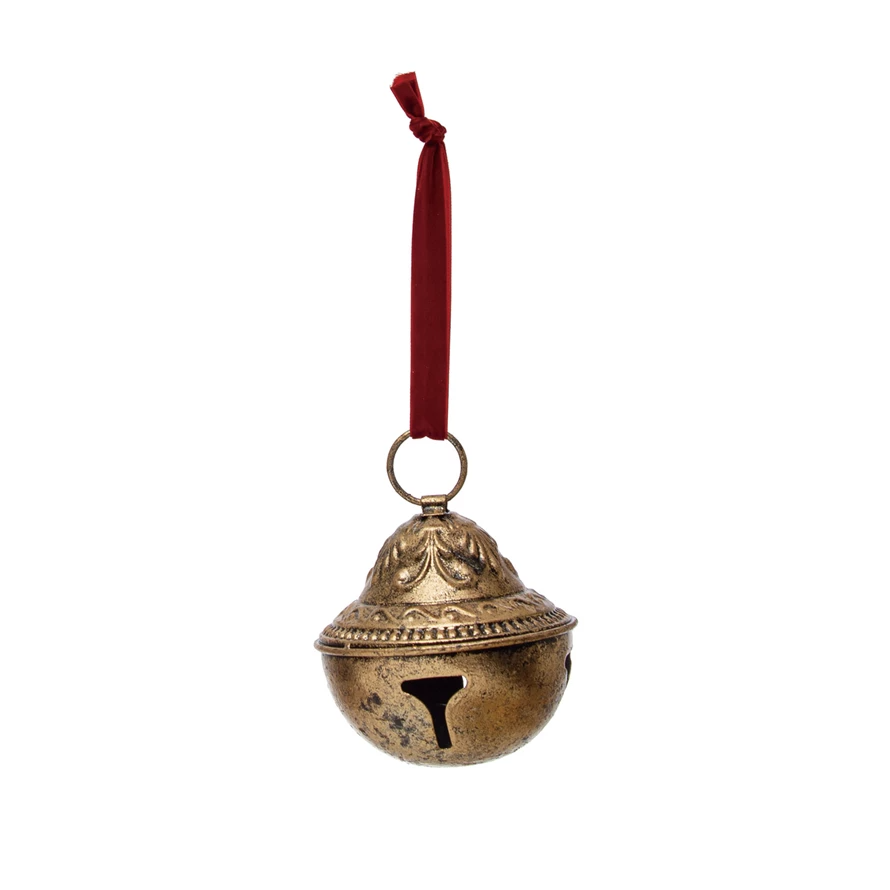 Embossed Metal Sleigh Bell with Velvet Ribbon, Gold Finish-Lemons and Limes Boutique