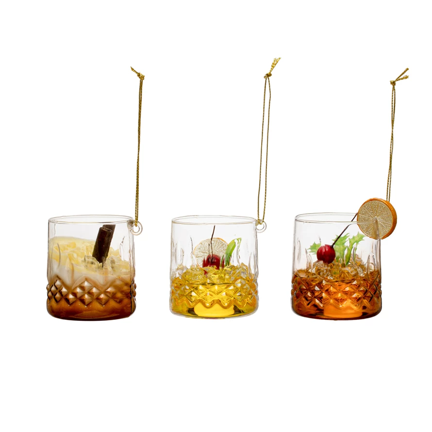 2-3/4"H Glass Cocktail in Low Ball Glass Ornament, 3 Styles-Lemons and Limes Boutique
