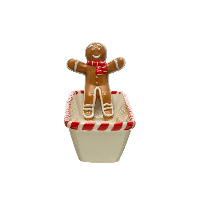 Hand-Painted Ceramic Cracker Dish w/ Candy Cane Edge & Gingerbread Man-Lemons and Limes Boutique