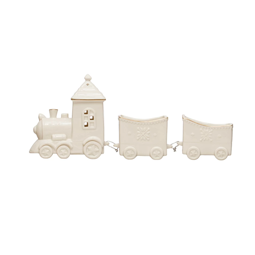 Stoneware Train w/ 3 Sections, LED Light & Gold Electroplating-Lemons and Limes Boutique