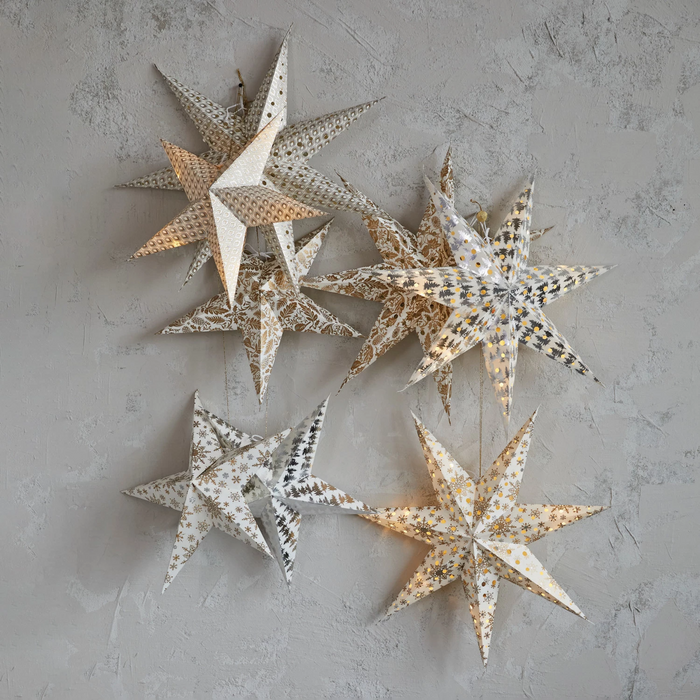 Folding 7-Point Recycled Paper Star Ornament w/ LED Light String--Lemons and Limes Boutique
