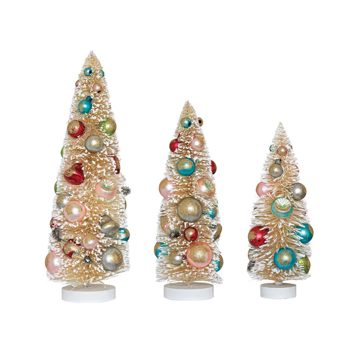 Sisal Bottle Brush Trees w/ Multi Color Ornaments & Wood Bases, Antique White--Lemons and Limes Boutique