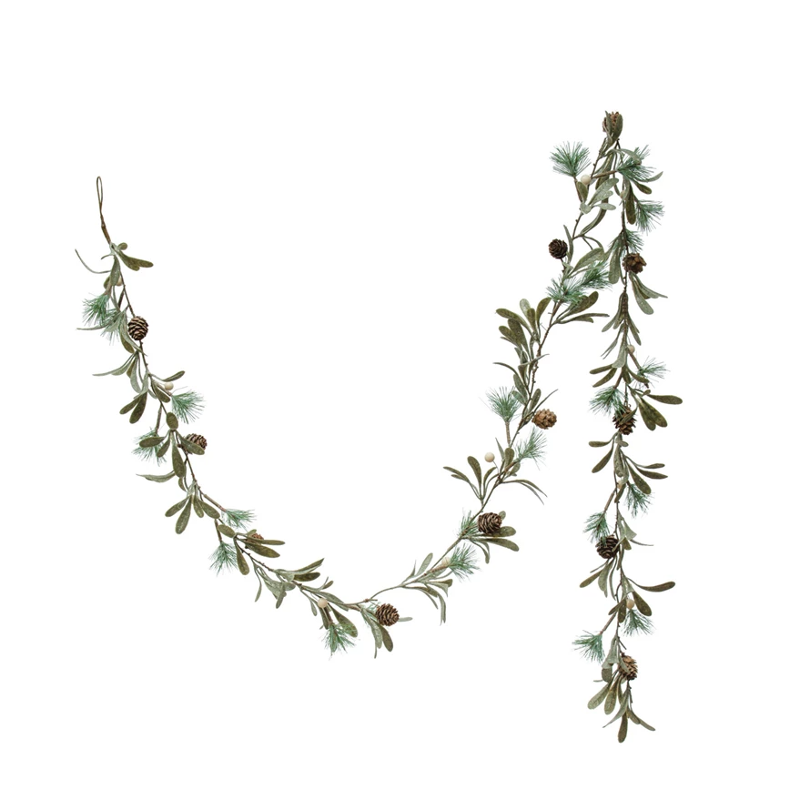 Faux Pine Needle Garland w/ Mistletoe & Natural Pinecones-Lemons and Limes Boutique