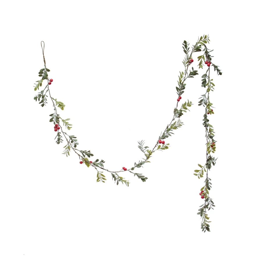 Faux Boxwood Leaf Garland w/ Red Berries-Lemons and Limes Boutique